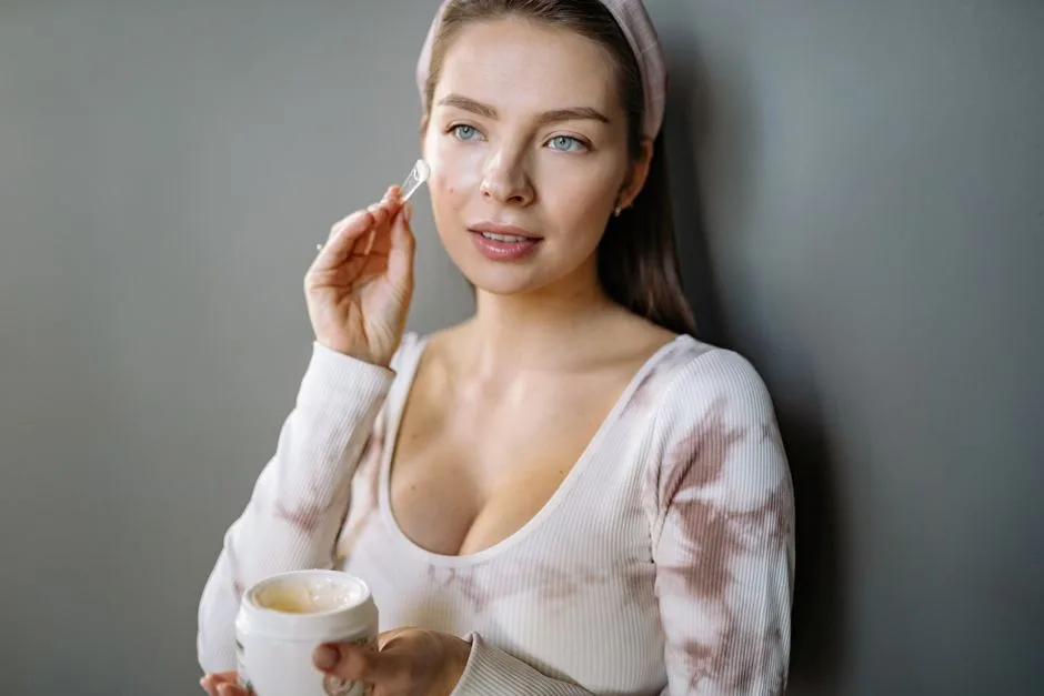 A woman in a headband applies skincare cream indoors, focusing on facial care and beauty routines.